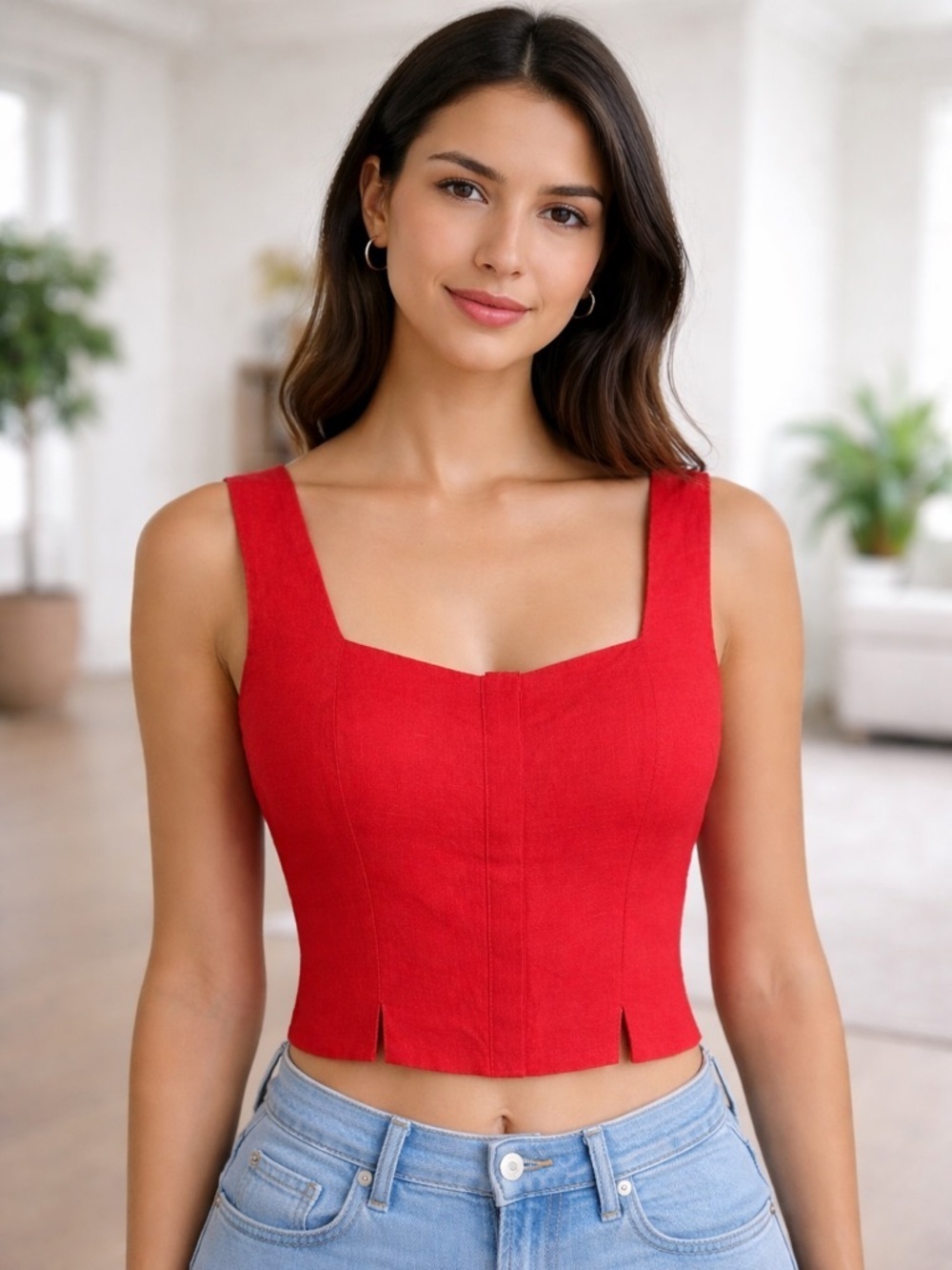 Onia Red Linen Square Neck Crop Top - Size 0 - NWT
